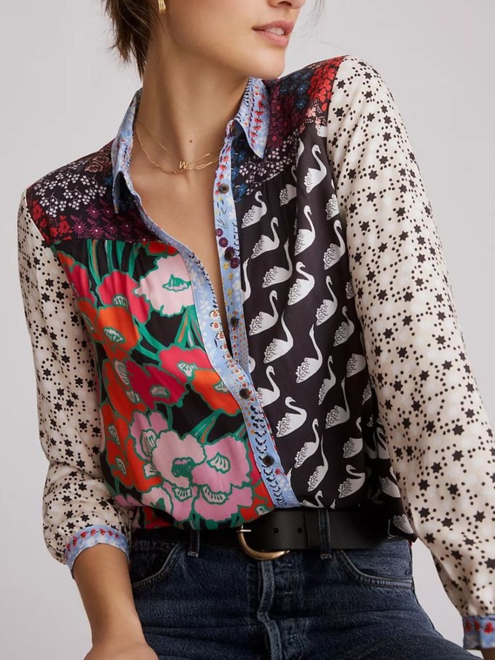 Anthropologie Maeve Paz Button Down Shirt Mixed Print Patchwork Size Large